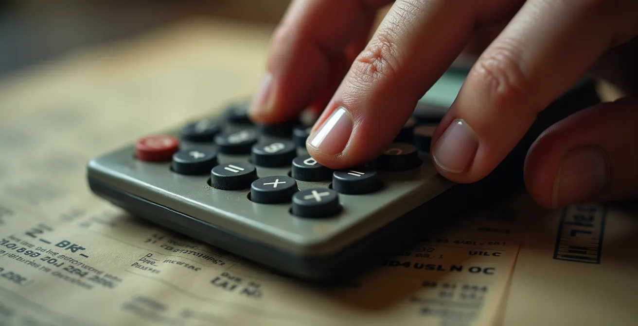 Gros plan sur une main tenant une calculatrice avec des factures de parking floues en arrière-plan