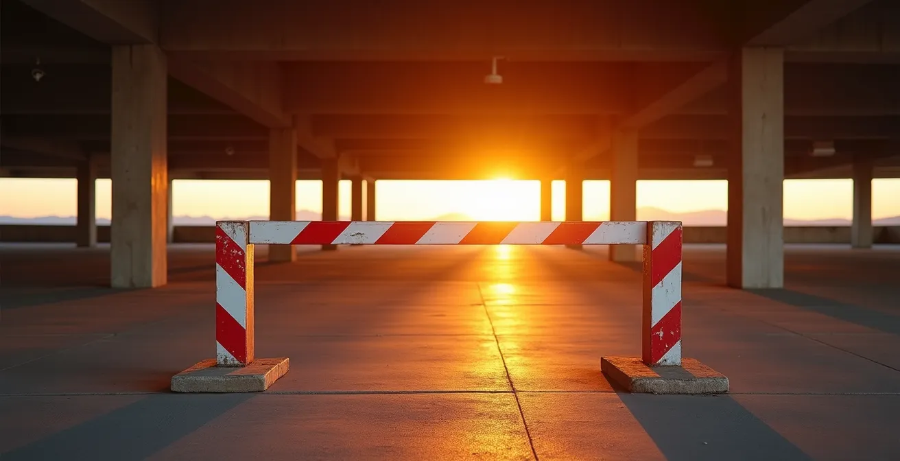 Vue d'une barrière de parking fermée avec éclairage rouge dramatique au crépuscule