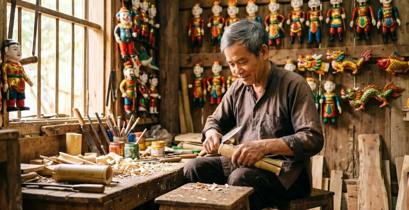 Artisan vietnamien créant des marionnettes sur l'eau dans son atelier traditionnel baigné de lumière naturelle.