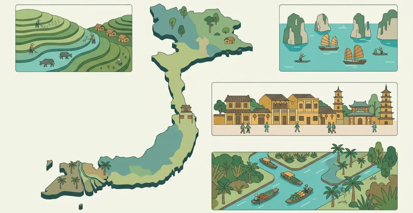 Carte illustrée du Vietnam montrant la diversité des quatre grandes régions touristiques.