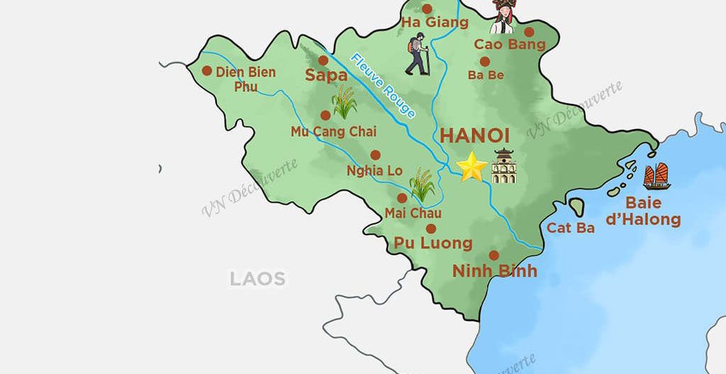 Carte illustrée du Vietnam montrant la diversité des quatre grandes régions touristiques.
