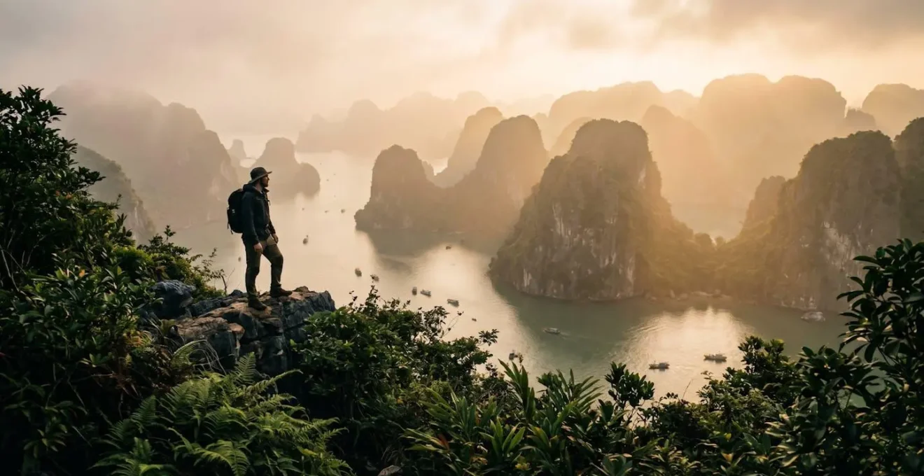 Voyageur contemplant les karsts de la Baie de Lan Ha au Vietnam, baignés dans la brume matinale.