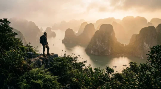 Voyageur contemplant les karsts de la Baie de Lan Ha au Vietnam, baignés dans la brume matinale.