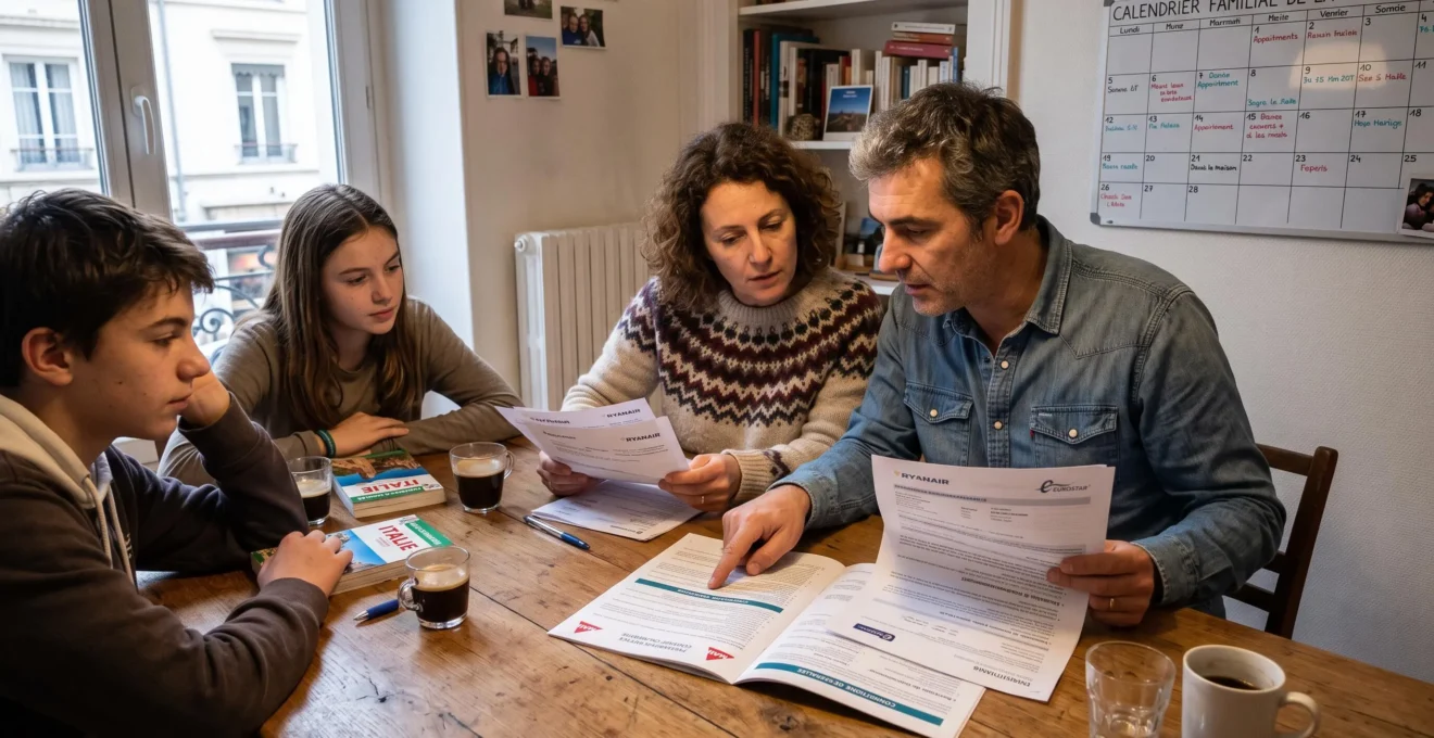 French family reviewing travel insurance contract documents together around their dining table at home.