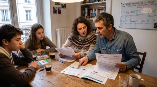 French family reviewing travel insurance contract documents together around their dining table at home.