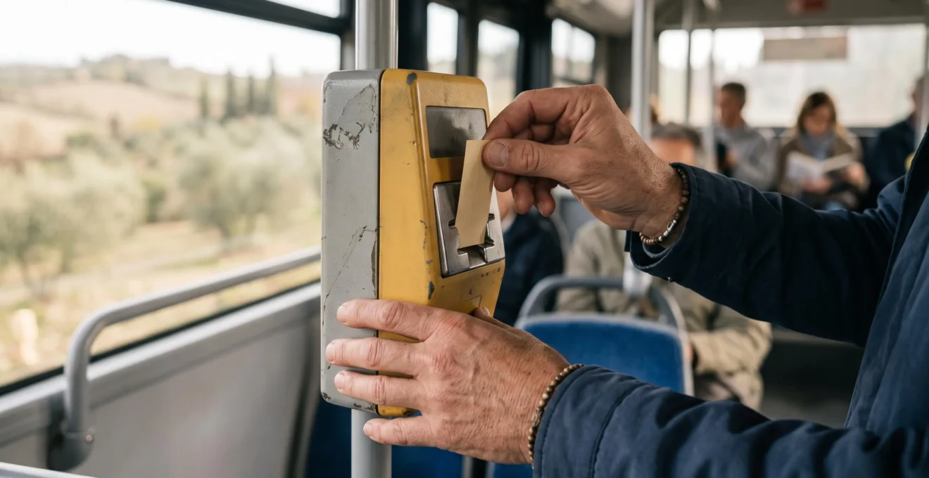 Gros plan sur des mains compostant un ticket de bus régional dans une petite machine de validation jaune à l'intérieur d'un bus.