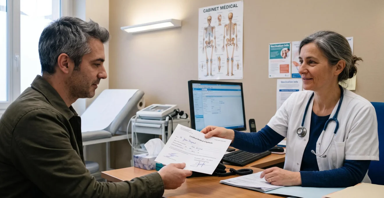 General practitioner handing a medical certificate to a patient in a French medical office.