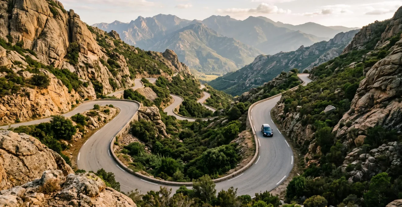 Une voiture suit une route sinueuse de montagne en Corse, entre rochers et maquis, en direction d'une vallée.