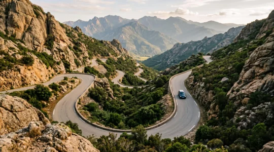 Une voiture suit une route sinueuse de montagne en Corse, entre rochers et maquis, en direction d'une vallée.