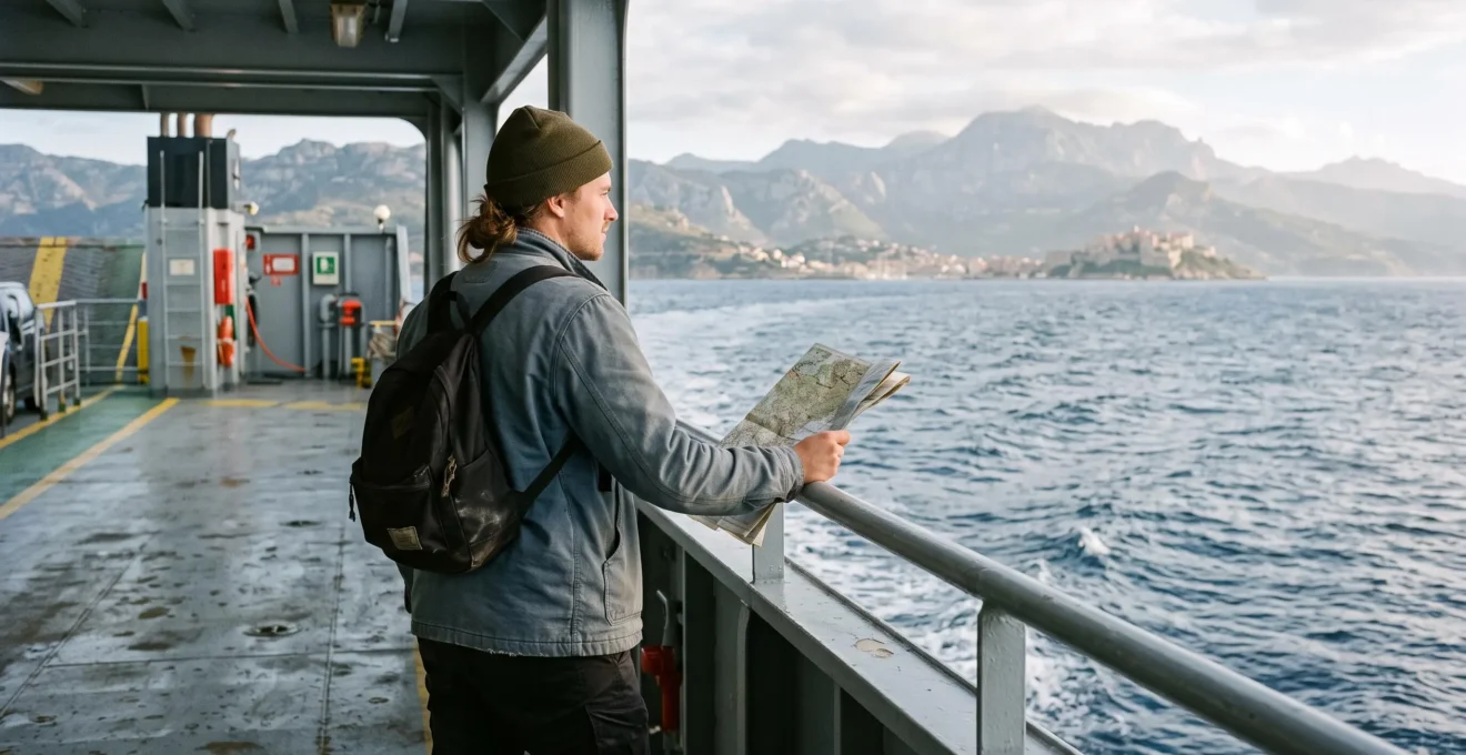Un voyageur debout sur le pont d'un ferry observe la côte montagneuse corse à l'approche du port.