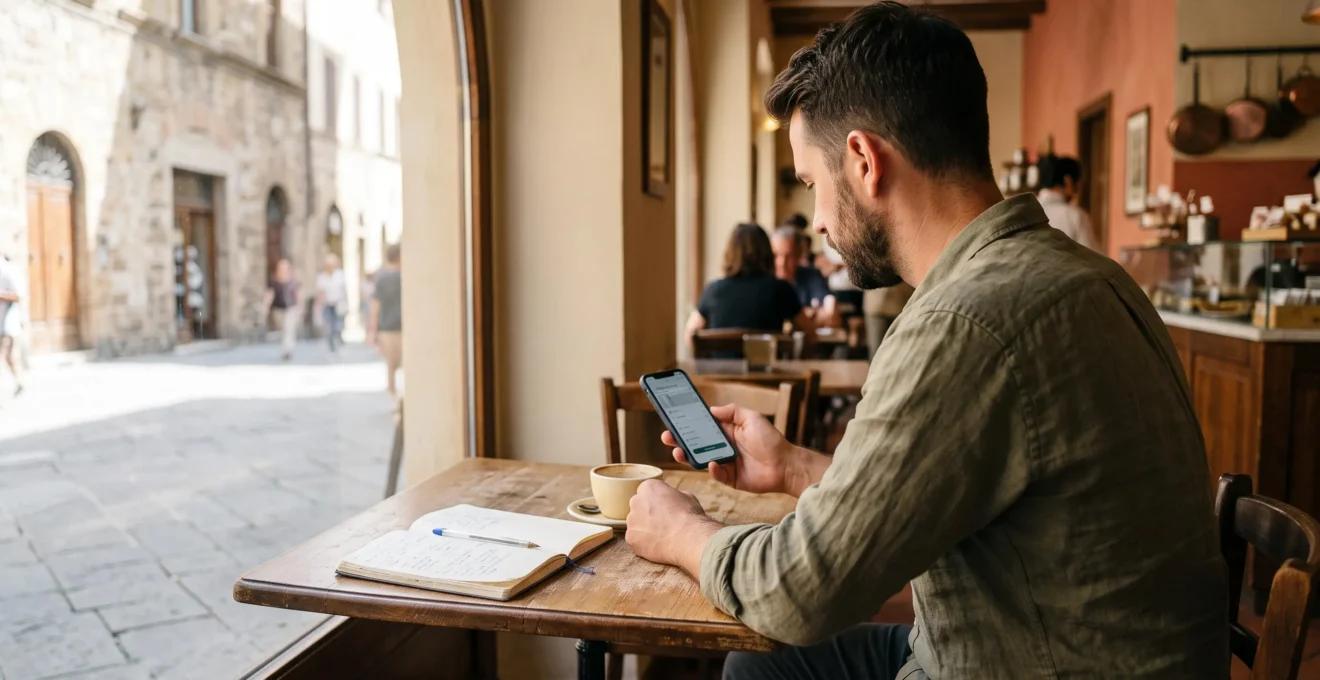 Un voyageur assis à la terrasse d'un café toscan compare des options de transport sur son smartphone, un carnet à côté de sa tasse de café.