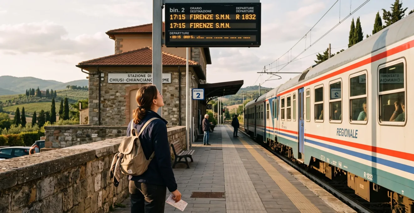 Une voyageuse avec un sac à dos consulte le panneau de départ sur le quai d'une gare régionale en Toscane, un train régional à l'arrêt.
