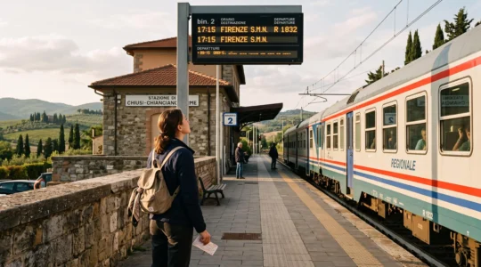 Une voyageuse avec un sac à dos consulte le panneau de départ sur le quai d'une gare régionale en Toscane, un train régional à l'arrêt.