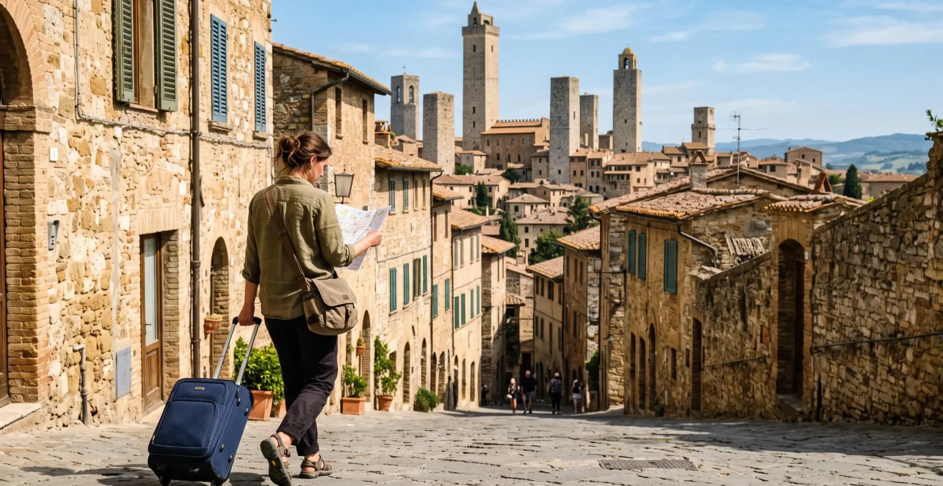 Une voyageuse avec une valise consulte un plan papier en remontant la rue pavée d'un village toscan, des tours médiévales en arrière-plan.