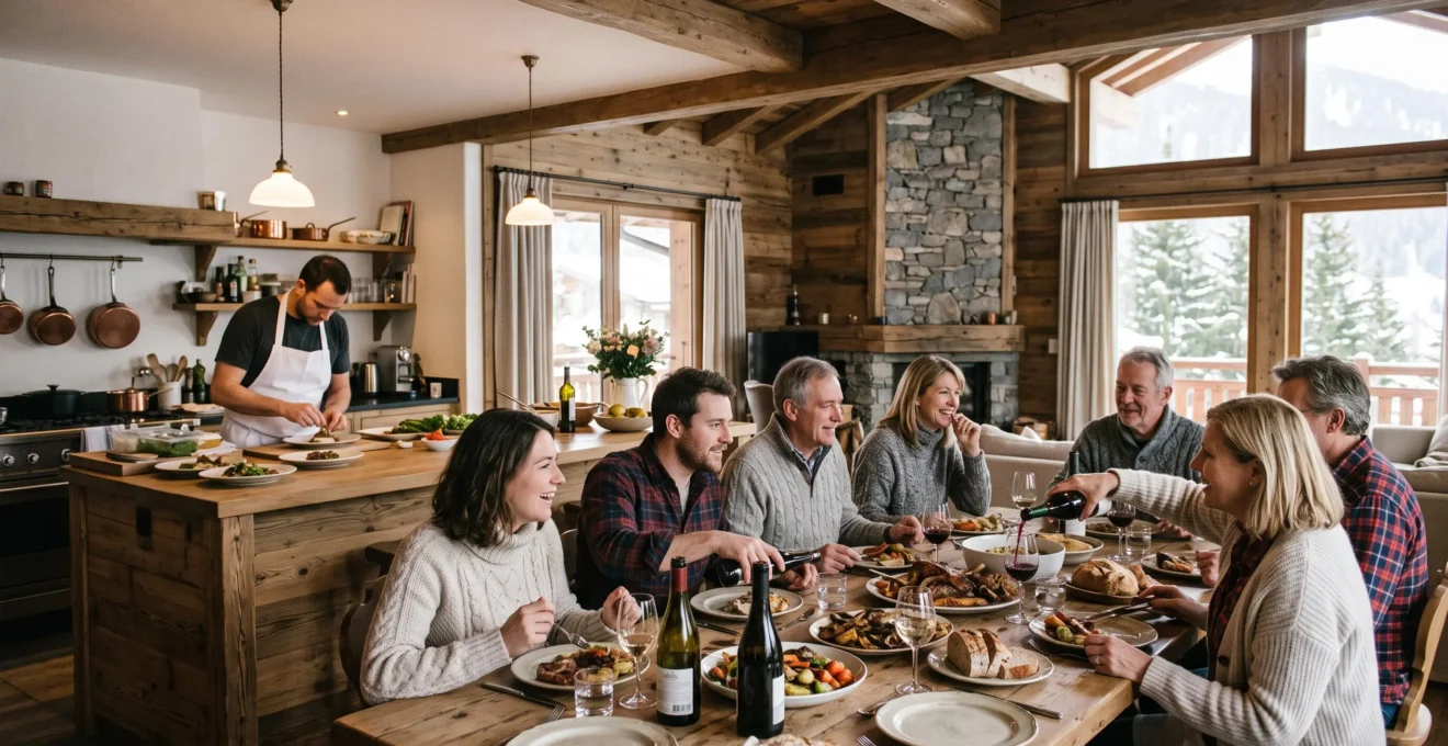 Un chef à domicile dresse des assiettes pendant qu'un groupe partage le repas dans un chalet.