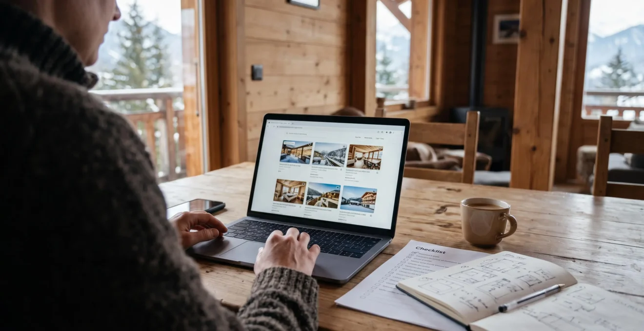 Une personne compare des offres de location de chalet sur ordinateur avec une liste de vérification.