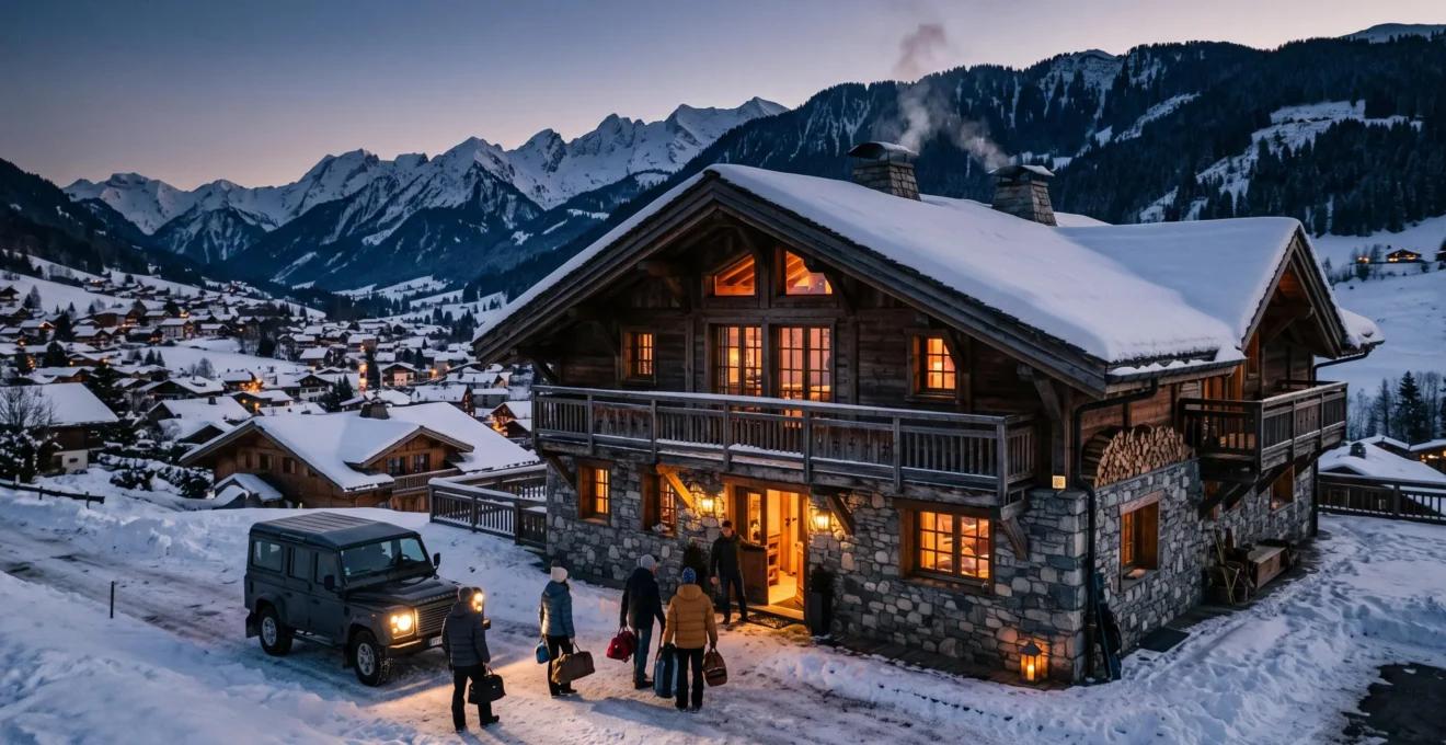 Un groupe arrive avec ses bagages devant un grand chalet en bois à La Clusaz au crépuscule.